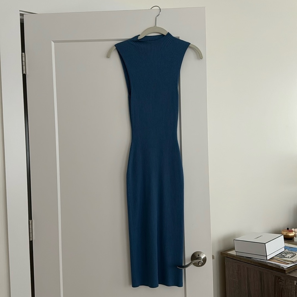 Aritzia dress, blue midi length with open back cutout